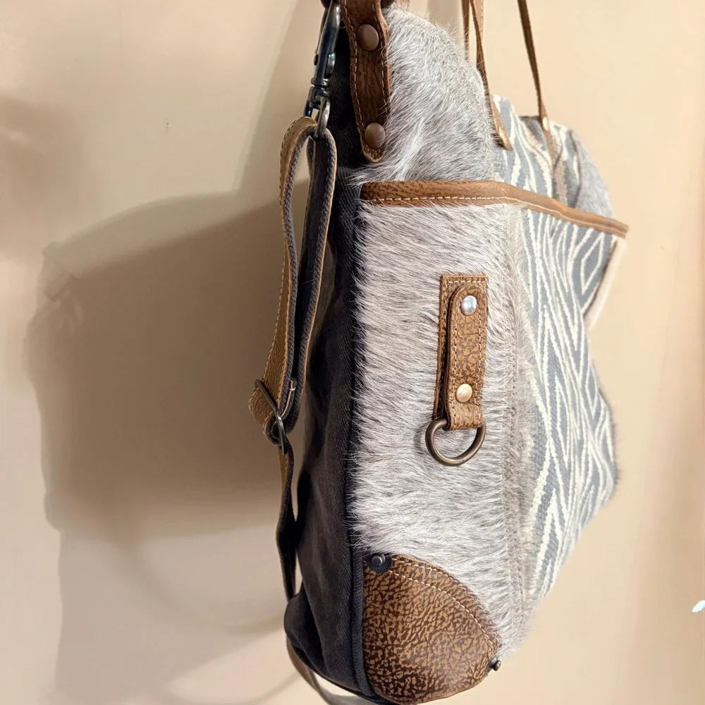 Myra Bag Large Hair-On Leather & Canvas Shoulder/Crossbody/Messenger Bag